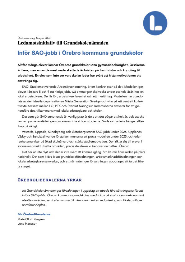 Förslag om SAO-jobb i Örebro kommuns grundskolor